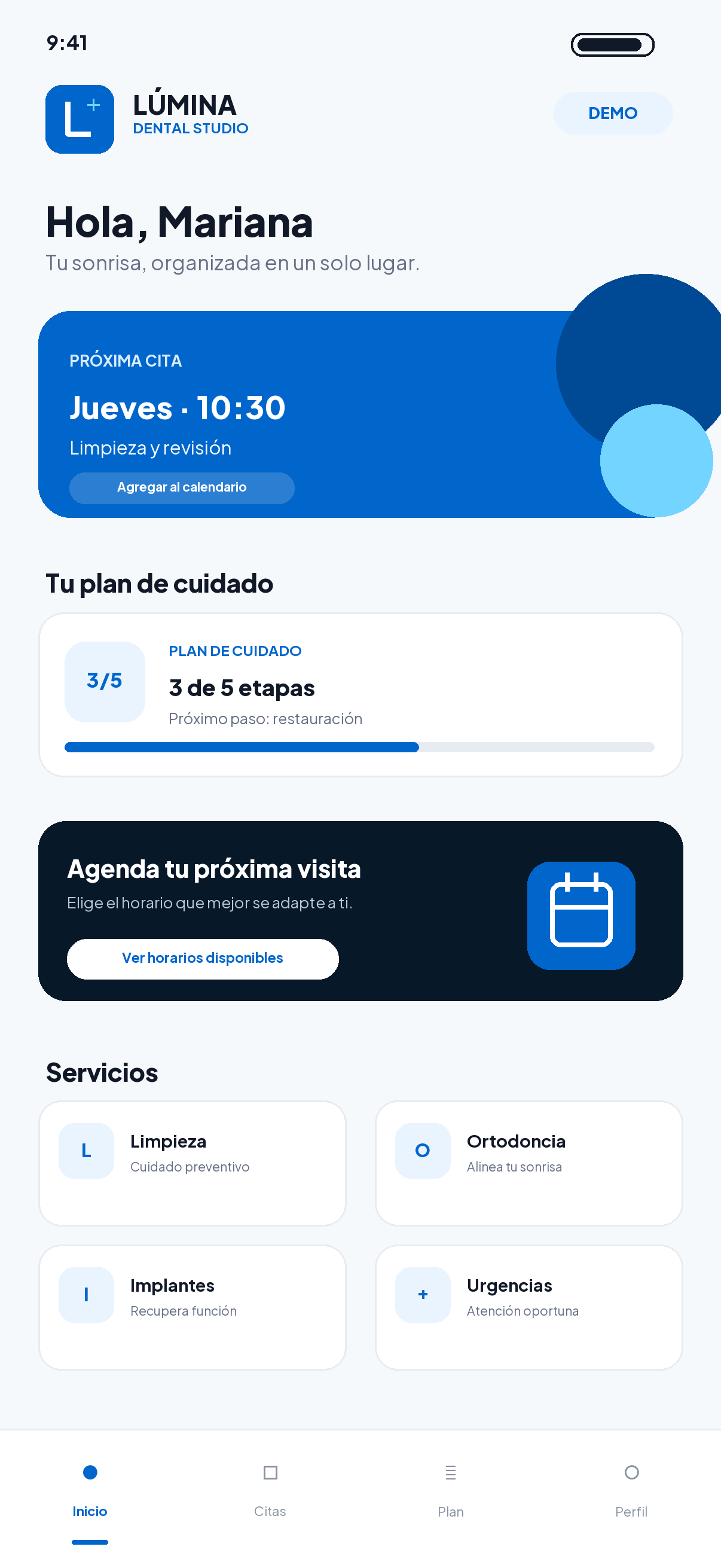 Interfaz demostrativa de la aplicación para pacientes de Lúmina Dental Studio